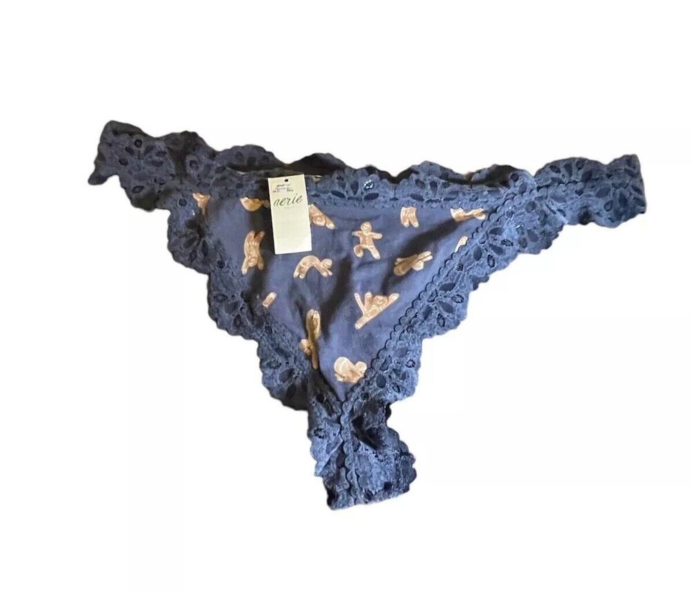NWT AERIE Thong Sz XL Blue Gingerbread Men Jersey Lace